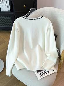 GlowEve CURVE Plus Size Women's Solid Color Bow Design Elegant Business Casual Daily Commute Knit Cardigan Office Formal Graduation Black And White Fall - White - View 2