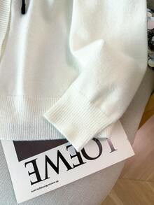 GlowEve CURVE Plus Size Women's Solid Color Bow Design Elegant Business Casual Daily Commute Knit Cardigan Office Formal Graduation Black And White Fall - White - View 6