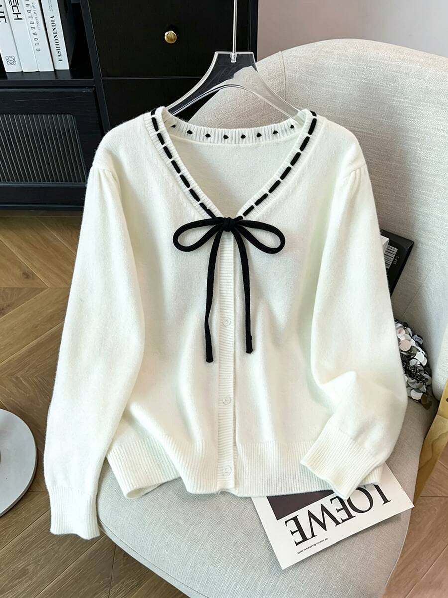GlowEve CURVE Plus Size Women's Solid Color Bow Design Elegant Business Casual Daily Commute Knit Cardigan Office Formal Graduation Black And White Fall - White - View 1