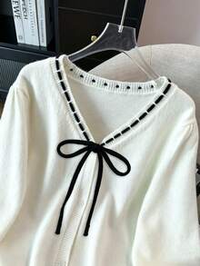 GlowEve CURVE Plus Size Women's Solid Color Bow Design Elegant Business Casual Daily Commute Knit Cardigan Office Formal Graduation Black And White Fall - White - View 4