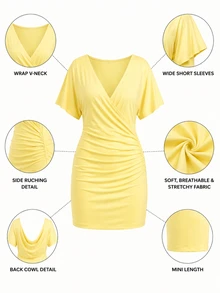Zerodot Women Yellow Wrap V-Neck Mini Dress Vacation Party Spring Fall - Yellow - View 7