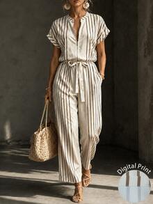 Trelyra Women's Striped Ruched Casual Daily Wear Jumpsuit - Apricot - View 7