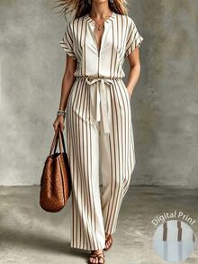 Trelyra Women's Striped Ruched Casual Daily Wear Jumpsuit - Apricot - View 2