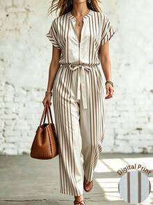Trelyra Women's Striped Ruched Casual Daily Wear Jumpsuit - Apricot - View 4