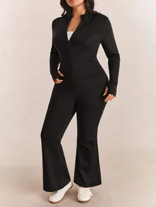 CovetEZ Plus Size Casual Lightweight Yoga Jacket And Flare Pants 2 Pieces Set Fall - Black - View 4