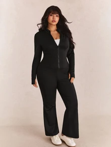 CovetEZ Plus Size Casual Lightweight Yoga Jacket And Flare Pants 2 Pieces Set Fall - Black - View 9