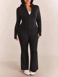 CovetEZ Plus Size Casual Lightweight Yoga Jacket And Flare Pants 2 Pieces Set Fall - Black - View 3