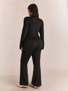 CovetEZ Plus Size Casual Lightweight Yoga Jacket And Flare Pants 2 Pieces Set Fall - Black - View 2
