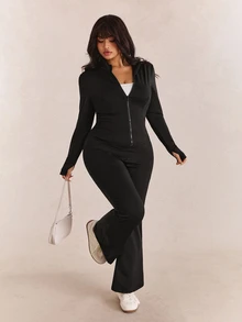CovetEZ Plus Size Casual Lightweight Yoga Jacket And Flare Pants 2 Pieces Set Fall - Black - View 8