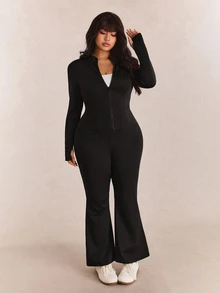 CovetEZ Plus Size Casual Lightweight Yoga Jacket And Flare Pants 2 Pieces Set Fall - Black - View 5