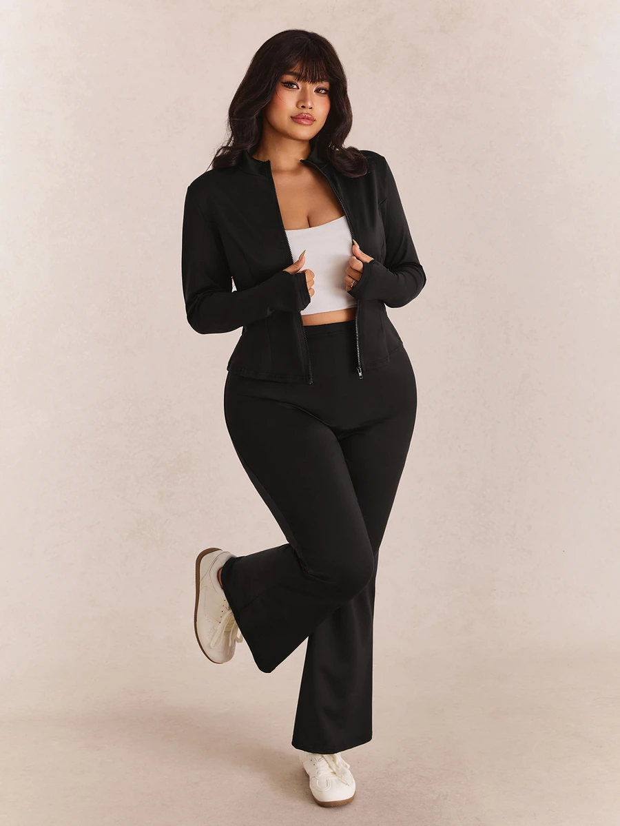 CovetEZ Plus Size Casual Lightweight Yoga Jacket And Flare Pants 2 Pieces Set Fall - Black - View 1