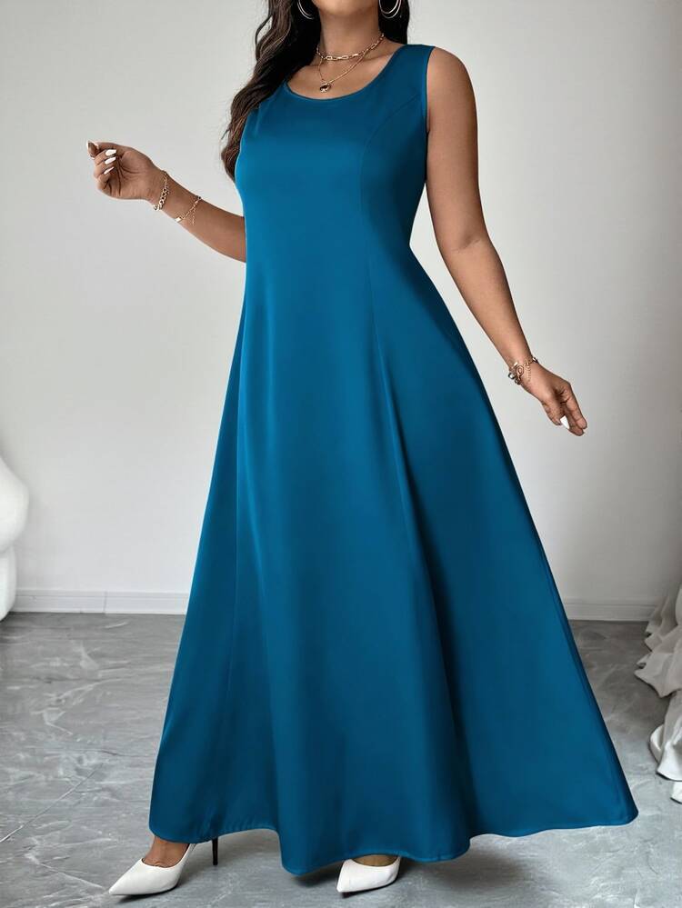 Elenzga Plus Size Blue Autumn Elegant Wedding Guest 2 Pieces Set,Satin A-Line Maxi Dress & 3/4 Sleeve Embroidered Mesh Asymmetrical Hem Jacket,Vacation Wear - Cadet Blue - View 5