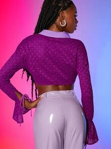 SHEIN ICON قميص كف معقود حافة منديل قصير دانتيل - الأرجواني - مشاهدة 2