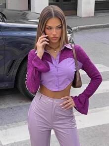 SHEIN ICON قميص كف معقود حافة منديل قصير دانتيل - الأرجواني - مشاهدة 1