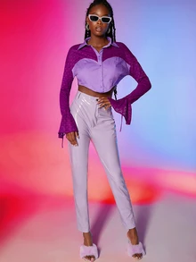 SHEIN ICON قميص كف معقود حافة منديل قصير دانتيل - الأرجواني - مشاهدة 5