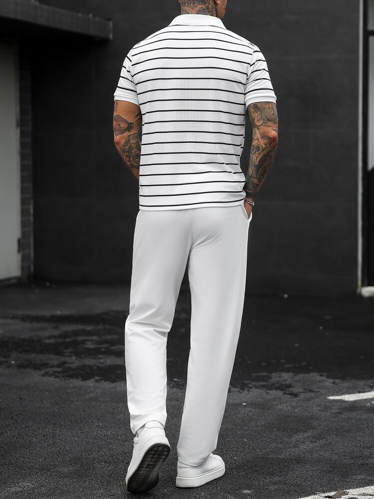 SLATEMANN Men's Striped Colorblock Short Sleeve Polo Shirt And Long Pants Casual Daily Outfit - Black and White - View 2