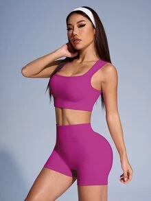 SHEIN Sovereign Charm Conjunto de top deportivo acanalado de unicolor y shorts para mujeres - Rosa Fucsia - Ver 5