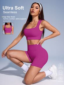 SHEIN Sovereign Charm Conjunto de top deportivo acanalado de unicolor y shorts para mujeres - Rosa Fucsia - Ver 2