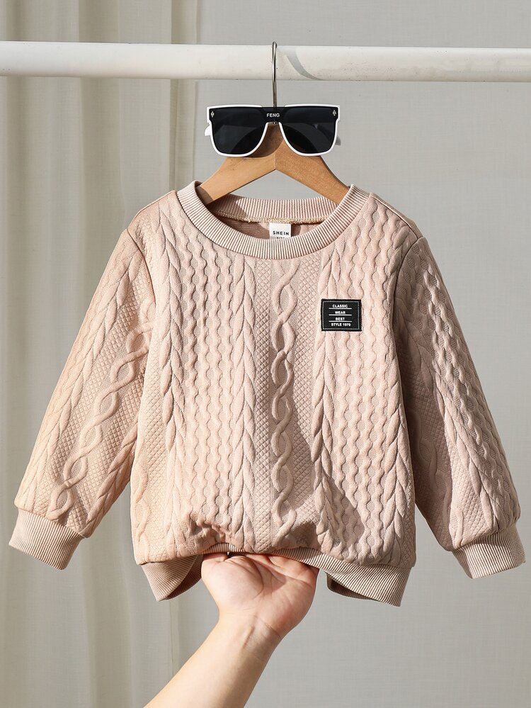 SHEIN Kids Young Boy Crew Neck Long Sleeve Autumn Sweatshirt, Black Graphic Front, Comfortable Knit Fabric, Casual Vacation And Commuting Style,School,Fall - Khaki - View 2