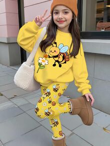 女童可愛蜜蜂圖案花卉田園風蛋黃色圓領長袖衛衣＋內搭褲2件套，適合秋冬，抓絨內裡，圖案印花，舒適保暖，女童套裝，Y2K復古可愛風 - 彩色 - 查看 2