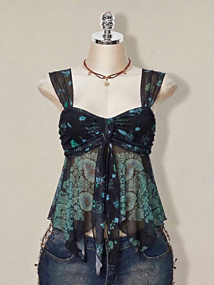 SHEIN ICON Women's Casual Boho Paisley Print Camisole, Summer Top Vacation Teal Blue - Black - View 12