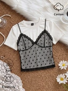 SHEIN MOD 黑色波點網紗拼接白色2合1T恤，日常約會外訪夜店夏季Y2K性感款，萬聖節開學季 - 黑與白 - 查看 1