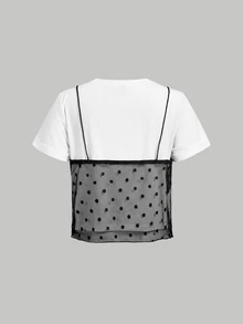 SHEIN MOD 黑色波點網紗拼接白色2合1T恤，日常約會外訪夜店夏季Y2K性感款，萬聖節開學季 - 黑與白 - 查看 8