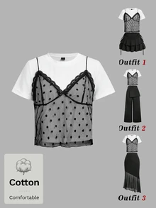 SHEIN MOD 黑色波點網紗拼接白色2合1T恤，日常約會外訪夜店夏季Y2K性感款，萬聖節開學季 - 黑與白 - 查看 2