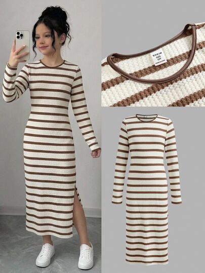SHEIN Tween Girl Autumn/Winter Brown & White Striped Fitted Side Slit Long Sleeve Dress, Casual Vacation/Casual School/Outing Wear, Mother-Daughter Matching, Sister Matching