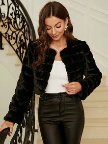 SHEIN Clasi 秋冬夜黑優雅開襟毛絨大衣 - 黑色 - 查看 6