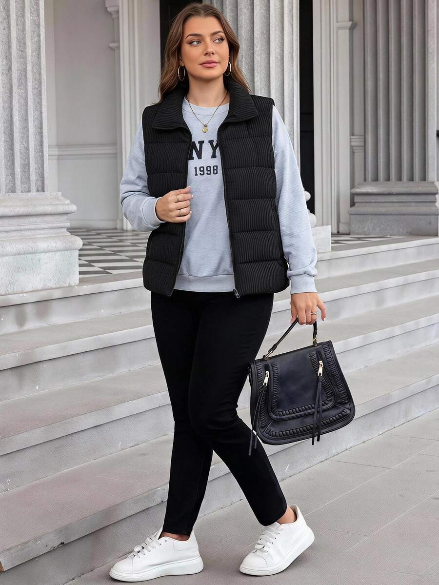SHEIN LUNE Women's Plus-Size Black Quilted Zip-Up Casual Jacket With Pockets Autumn Outfit For Women