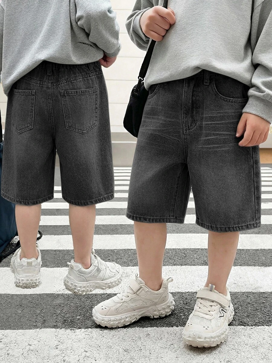 SHEIN Little Byeori 男童夏季休闲水洗斜插口袋牛仔短裤 - 黑色 - 查看 1