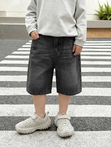 SHEIN Little Byeori 男童夏季休闲水洗斜插口袋牛仔短裤 - 黑色 - 查看 4