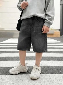 SHEIN Little Byeori 男童夏季休闲水洗斜插口袋牛仔短裤 - 黑色 - 查看 6