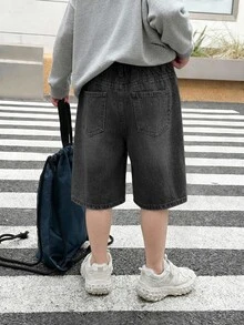 SHEIN Little Byeori 男童夏季休闲水洗斜插口袋牛仔短裤 - 黑色 - 查看 2