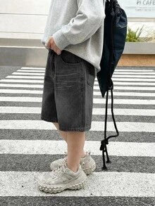 SHEIN Little Byeori 男童夏季休闲水洗斜插口袋牛仔短裤 - 黑色 - 查看 5