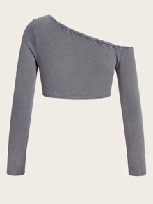 SHEIN ICON Solid Asymmetrical Neck Cut Out Front Crop Top - Blue - View 2