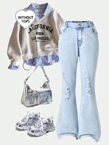 SHEIN Girls' Y2K Style Stretch Flare Leg Jeans, Distressed Ripped Raw Hem Vintage Denim Craft, Fashionable Versatile Suitable For All Seasons Autumn Fall - Light Wash - View 3