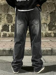 Colvenic Men's Black Washed Wide Leg Jeans, Vintage Loose Straight Leg Denim Pants With Paint Splatter Detail, Casual Street Style Loose Long Pants - Black - View 3