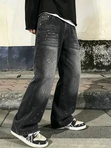 Colvenic Men's Black Washed Wide Leg Jeans, Vintage Loose Straight Leg Denim Pants With Paint Splatter Detail, Casual Street Style Loose Long Pants - Black - View 2