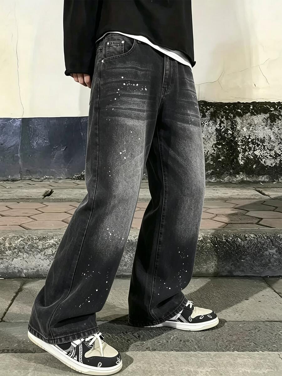 Colvenic Men's Black Washed Wide Leg Jeans, Vintage Loose Straight Leg Denim Pants With Paint Splatter Detail, Casual Street Style Loose Long Pants