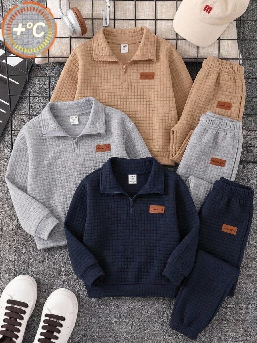 SHEIN Tween Boy Casual Loose Fit Crew Neck With Decorative Patchwork Pattern Textured Fabric Stand Collar Half-Zip Long Sleeve Sweatshirt, Suitable For Commuting, School, Daily Casual Outings, Sports, All Seasons - Multicolor - View 1