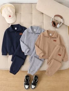 SHEIN Tween Boy Casual Loose Fit Crew Neck With Decorative Patchwork Pattern Textured Fabric Stand Collar Half-Zip Long Sleeve Sweatshirt, Suitable For Commuting, School, Daily Casual Outings, Sports, All Seasons - Multicolor - View 8