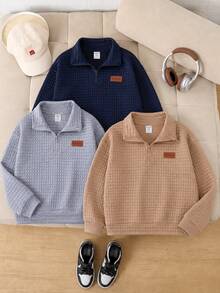 SHEIN Tween Boy Casual Loose Fit Crew Neck With Decorative Patchwork Pattern Textured Fabric Stand Collar Half-Zip Long Sleeve Sweatshirt, Suitable For Commuting, School, Daily Casual Outings, Sports, All Seasons - Multicolor - View 3
