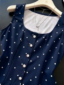 Franclia Elegant French Vintage Navy Blue Polka Dot Pearl Decor Women Summer Tank Top Brunch Tea Party - Navy Blue - View 7