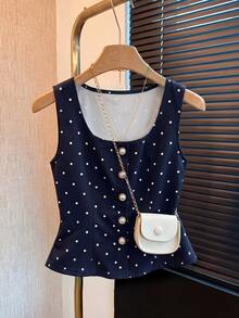 Franclia Elegant French Vintage Navy Blue Polka Dot Pearl Decor Women Summer Tank Top Brunch Tea Party - Navy Blue - View 4