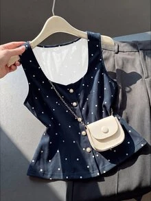 Franclia Elegant French Vintage Navy Blue Polka Dot Pearl Decor Women Summer Tank Top Brunch Tea Party - Navy Blue - View 6