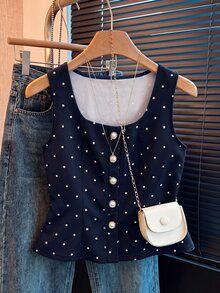 Franclia Elegant French Vintage Navy Blue Polka Dot Pearl Decor Women Summer Tank Top Brunch Tea Party - Navy Blue - View 2
