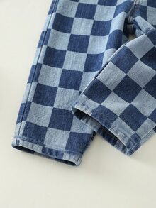 SHEIN 中性新生兒男嬰/女嬰秋冬休閒可愛格紋牛仔連身褲，牛仔布，嬰兒冬季連身褲/吊帶褲 - 藍色 - 查看 6