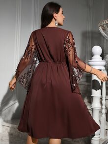 SHEIN Clasi Plus Contrast Sequin Mesh Overlay Dress Fall - Brown - View 3